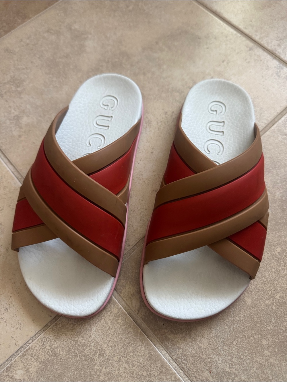 Gucci Women’s Red & Brown Crisscross Slide Sandals